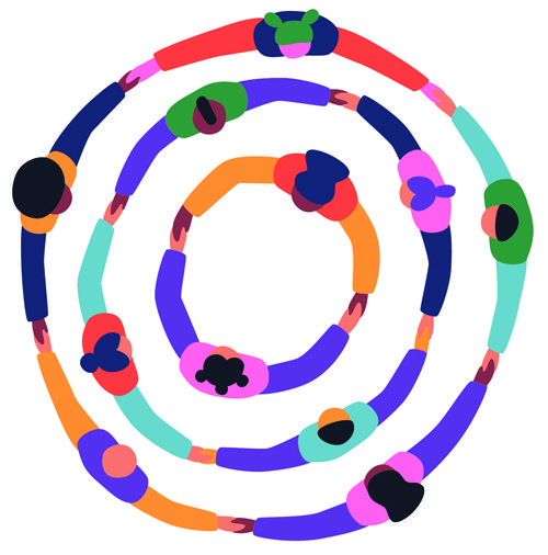Big group of people holding hands together making round circle shape. Colorful diverse friend team concept, united community or social cooperation cartoon on isolated background.